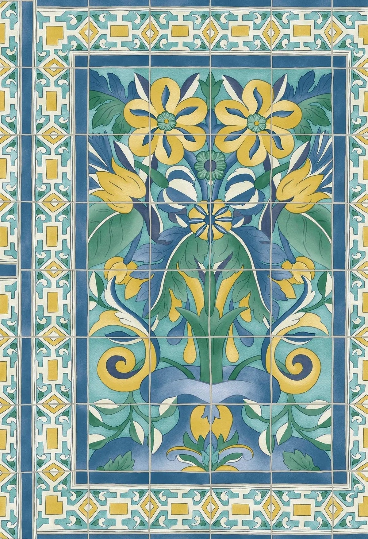 Cole & Son Triana Canary Yellow & China Blue on Teal 117/5013 – Muster