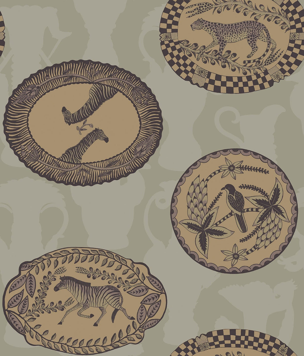 Cole & Son Matrinah, Metallic Gold & Charcoal on Old Olive, 109/4021