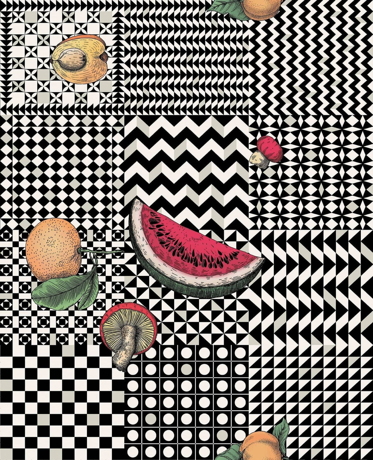Cole & Son Fornasetti Frutta e Geometrico Black, White & Multi – Tapetenmuster