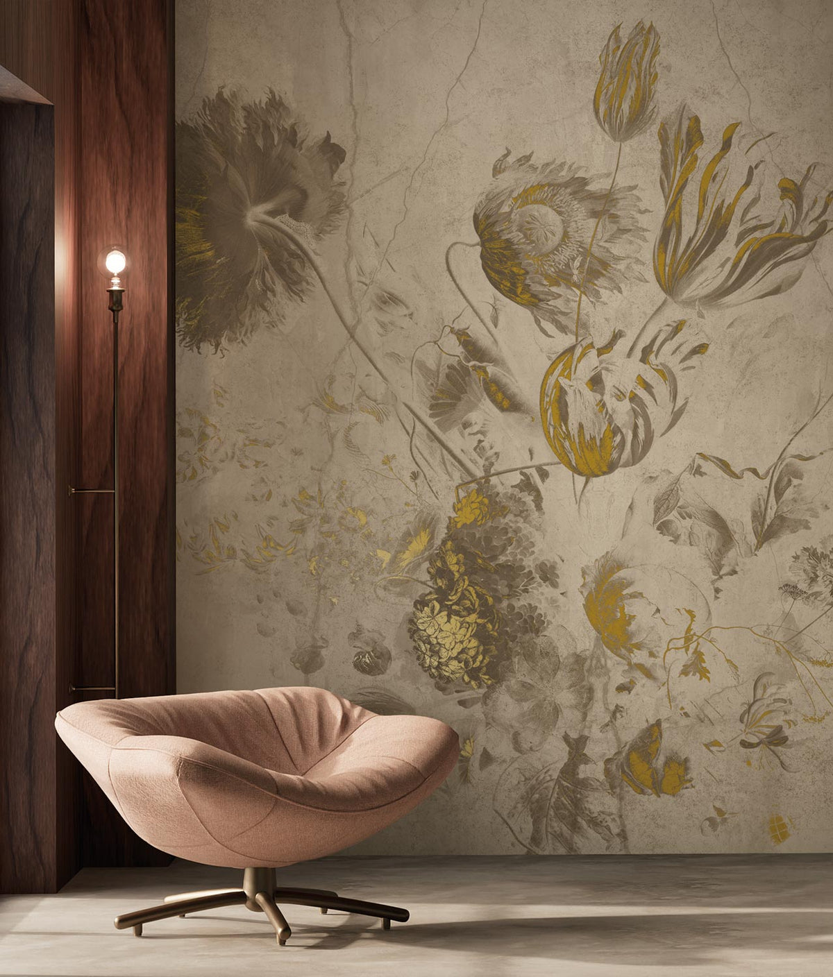 Fresco Flowers Gold Beige Designertapete von KEK Amsterdam