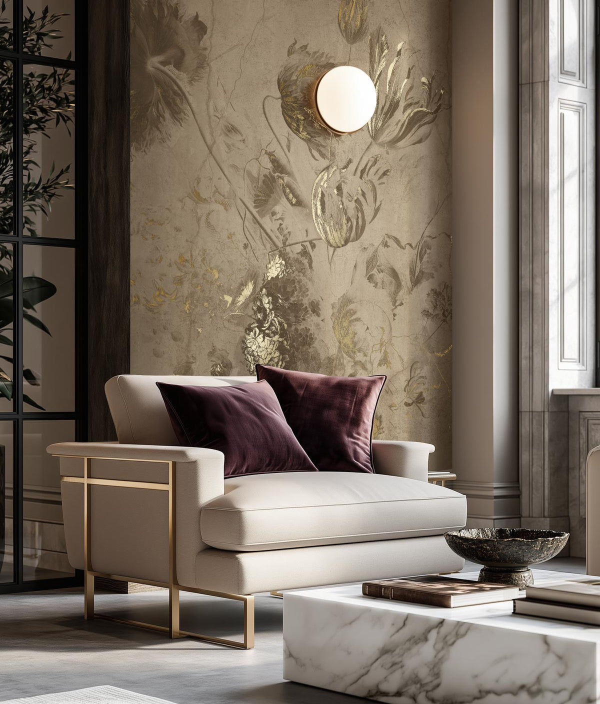 KEK Amsterdam Fresco Flowers Gold Beige Tapete im Wohnraum