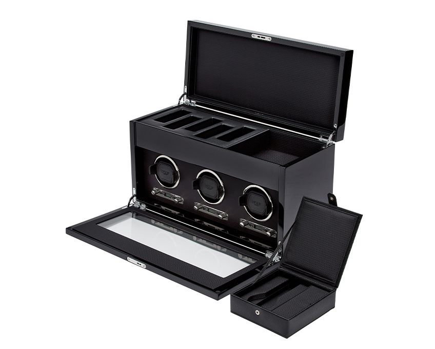 Wolf - Uhrenbeweger - Savoy triple Winder with Storage-Uhrenbeweger-Wolf 1834-BLACK-TOJU Interior