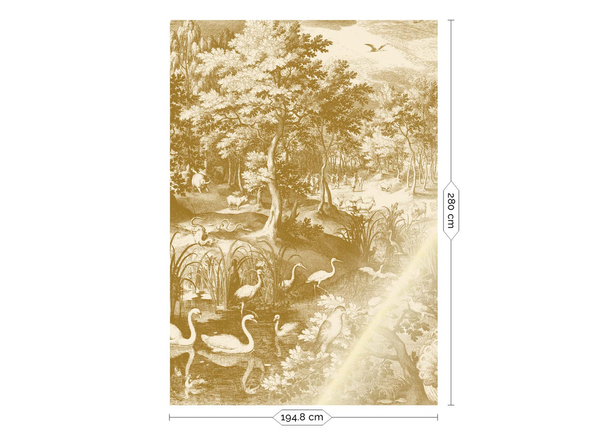 KEK Amsterdam Vliestapete Engraved Landscapes Gold/Beige – Detail des Landschaftsmotivs
