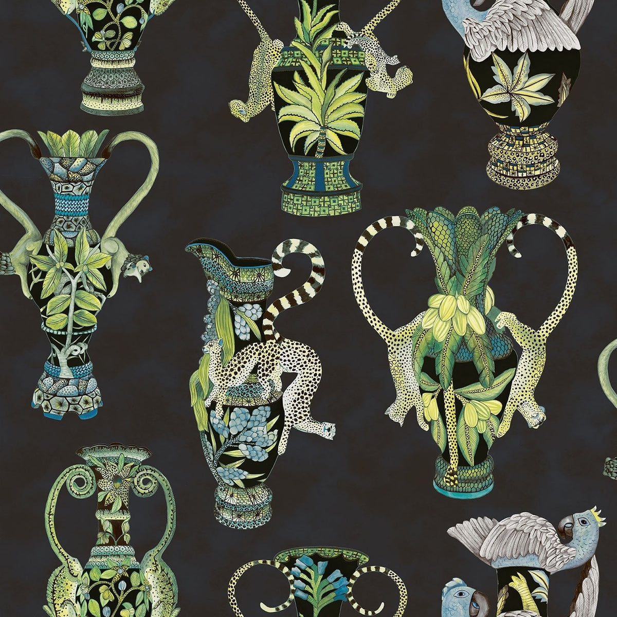 Cole & Son Khulu Vases Multi Greens & Blues on Ink 109/12058 – Muster