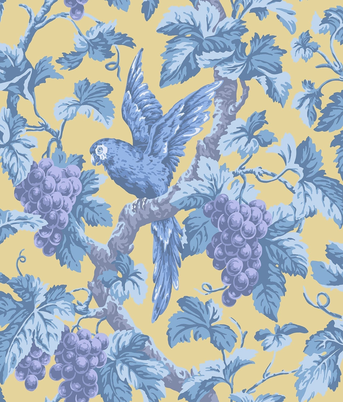 Cole & Son Woodvale Orchard – Hyacinth, Lilac & China Blue on Ochre (116/5017), Musteransicht