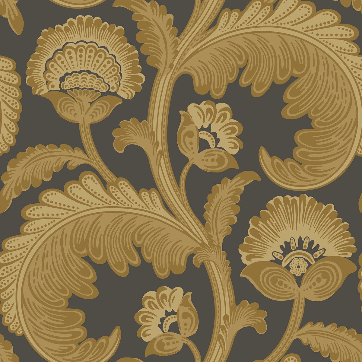 Cole & Son Fanfare Flock – Ochre on Charcoal (116/7027), Musteransicht