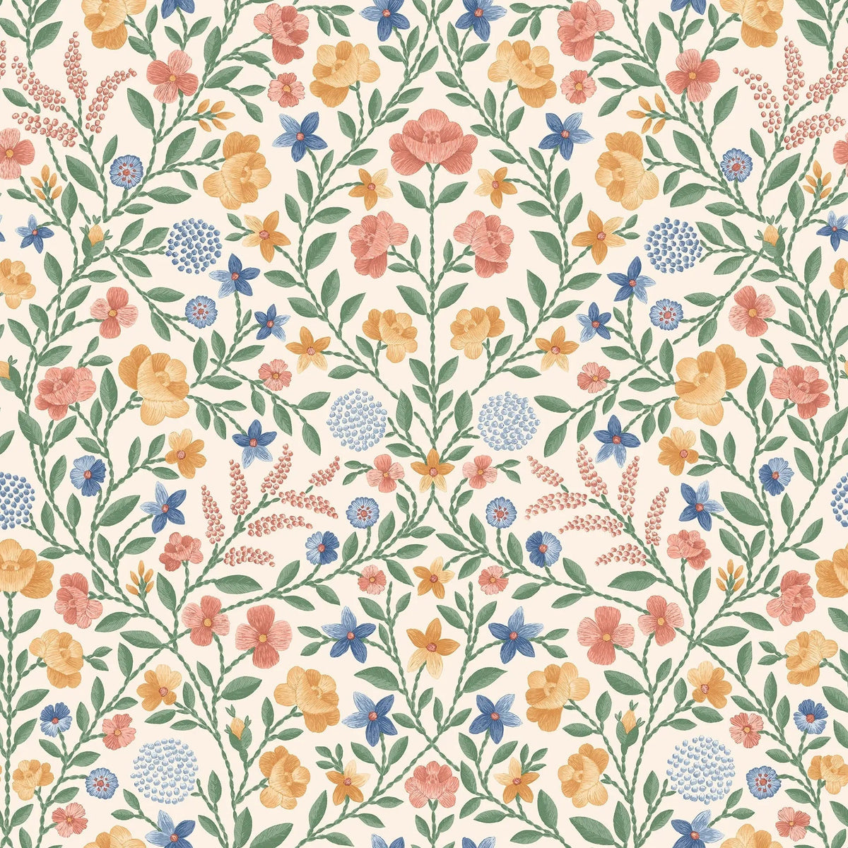 Cole & Son Court Embroidery Coral, Marigold, Hyacinth on Parchment 118/13029 – Muster