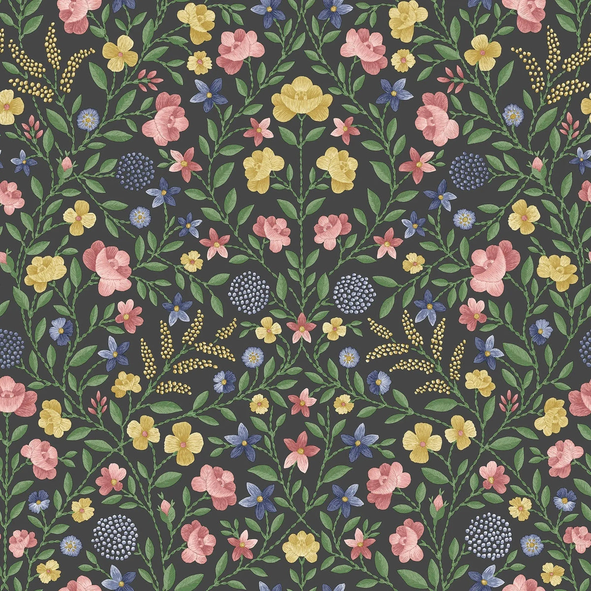 Cole & Son Court Embroidery Yellow, Rose & Hyacinth Blue on Charcoal 118/13030 – Muster