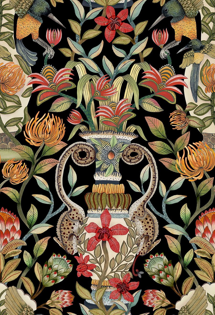 Cole & Son Protea Garden Olive & Rouge on Black 119/10044 – Muster