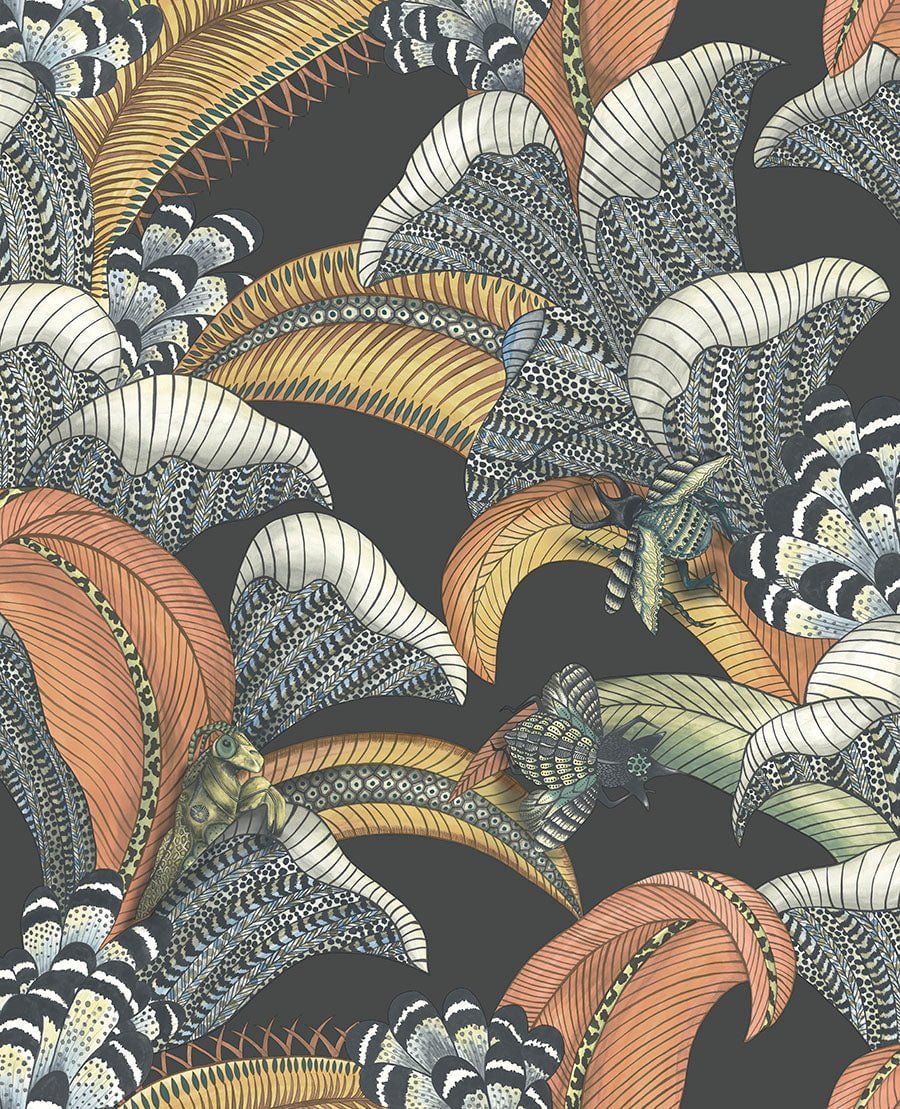 Cole & Son Hoopoe Leaves Terracotta, Ochre & Ice Blue on Charcoal 119/1005 – Muster