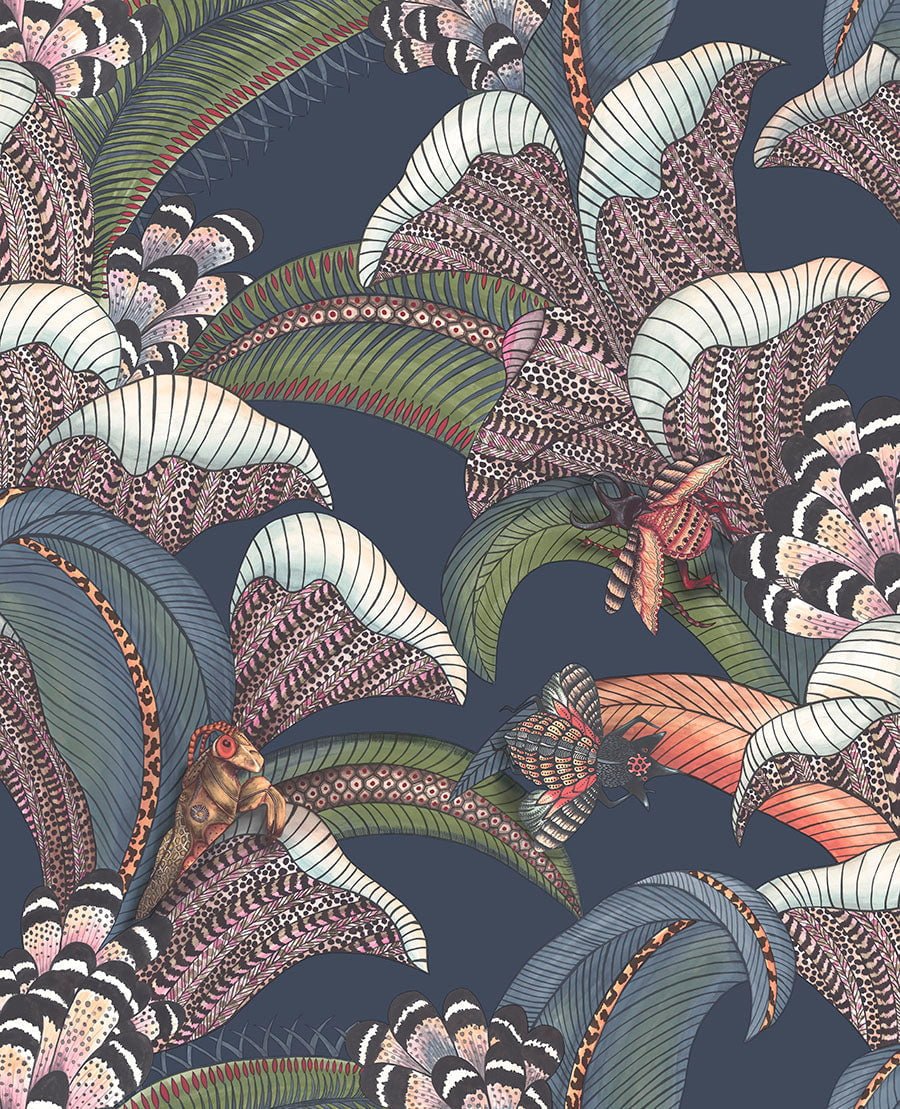 Cole & Son Hoopoe Leaves Denim, Forest Green & Magenta on Midnight 119/1006 – Muster