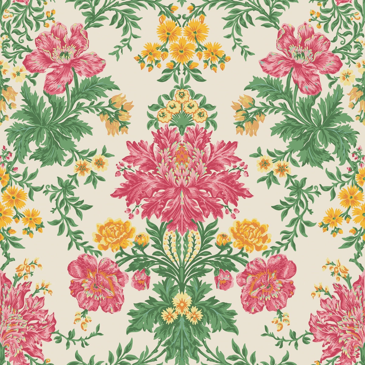 Cole & Son Poppies Soft Fuchsia, Buttercup and Fern on Cream 128/7033 – Muster
