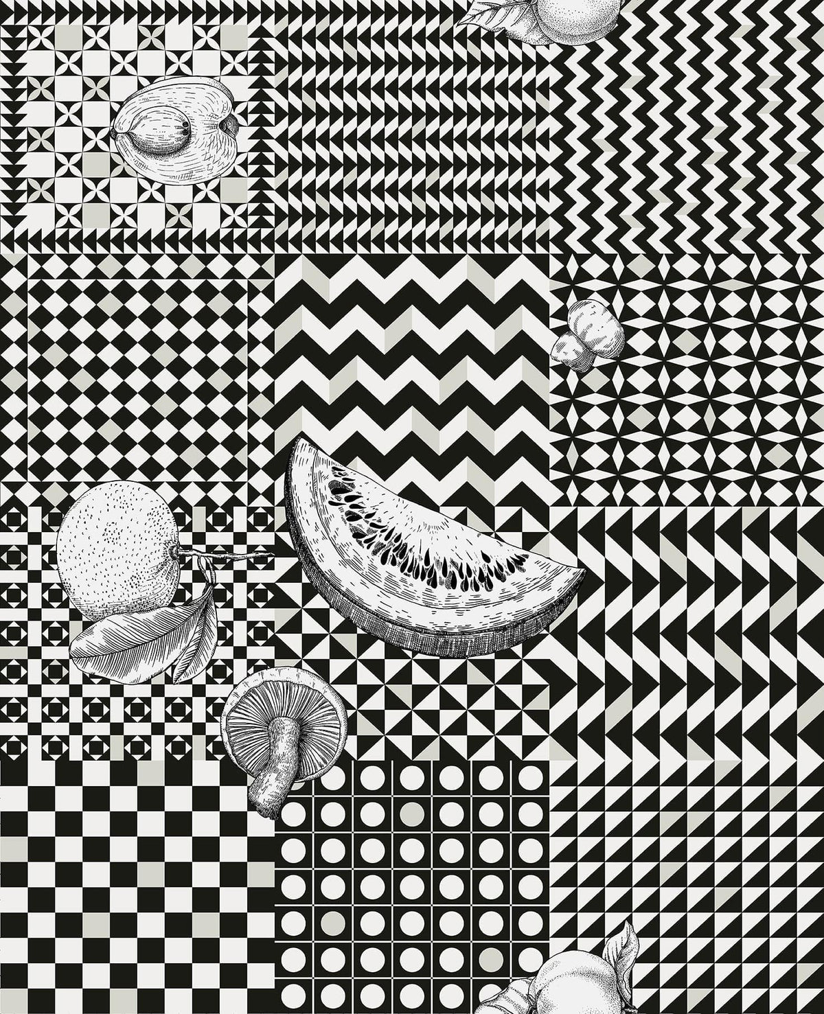 Cole & Son Fornasetti Frutta e Geometrico Black & White – Tapetenmuster
