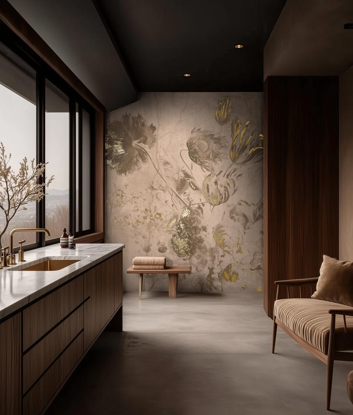KEK Amsterdam Fresco Flowers Gold/Nude Tapete-Tapeten-KEK Amsterdam-194,8 × 280 cm (4 Bahnen)-Hochglanz-Gold-TOJU Interior