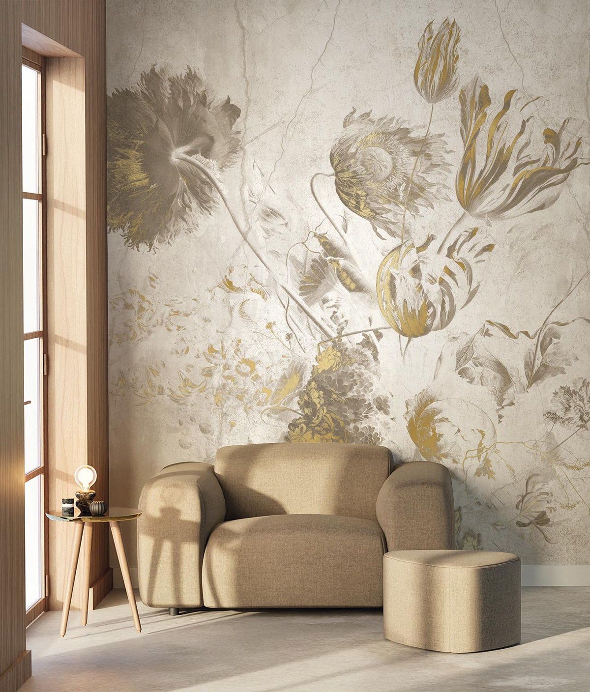 Fresco Flowers Gold Weiß Designertapete von KEK Amsterdam