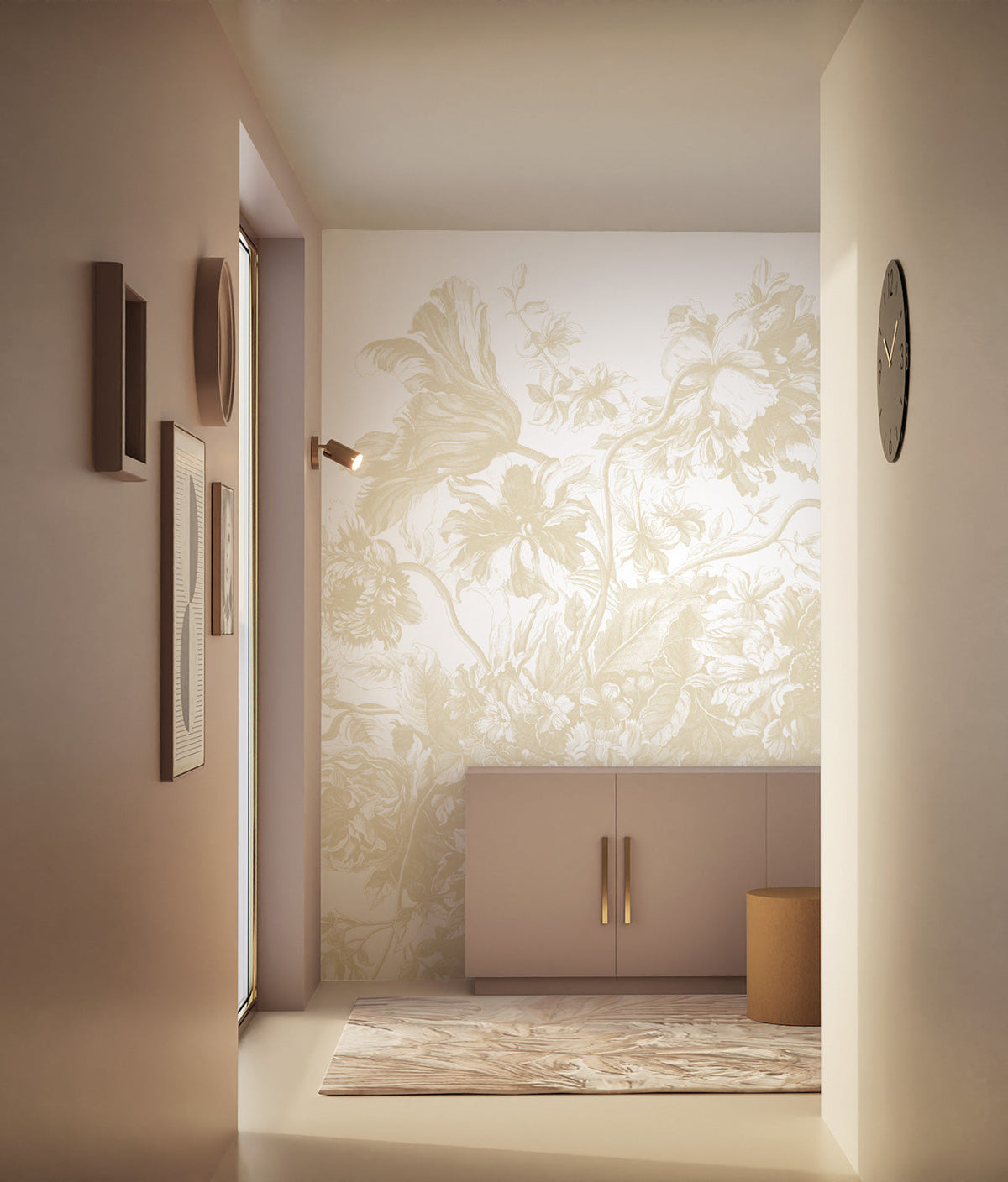 KEK Amsterdam Engraved Flowers Beige Tapete – Raumansicht