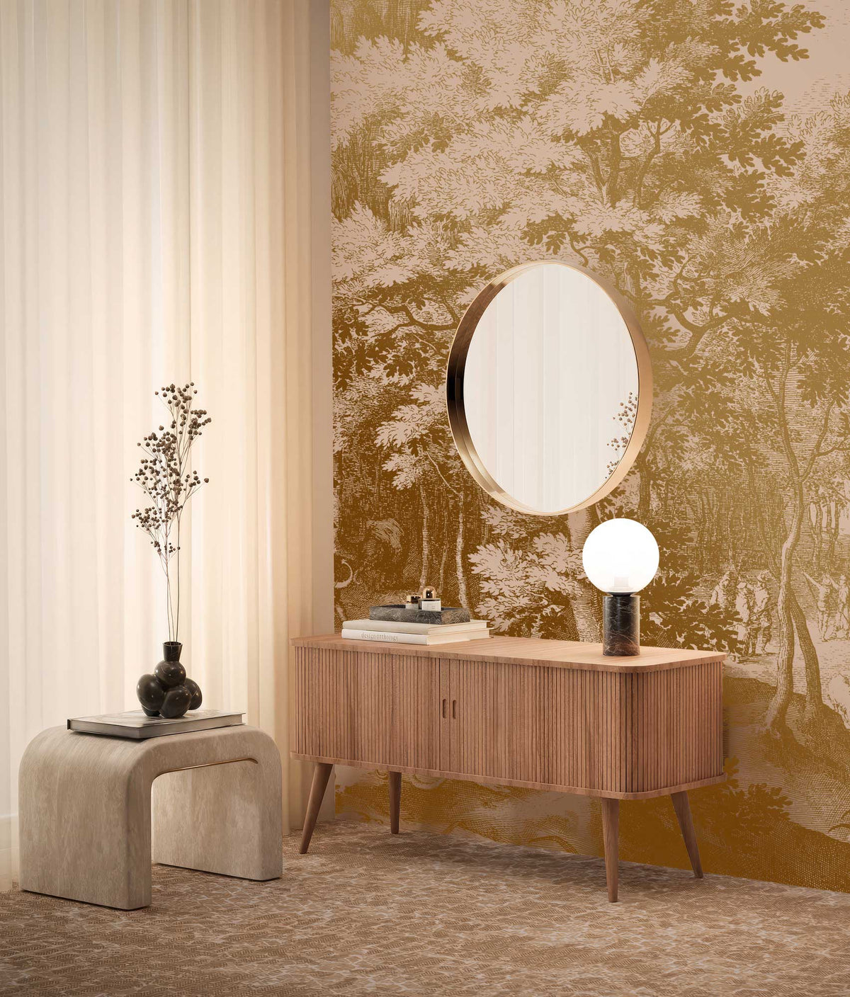 KEK Amsterdam Engraved Landscapes Gold/Nude Tapete-Tapeten-KEK Amsterdam-194,8 × 280 cm-Hochglanz-TOJU Interior