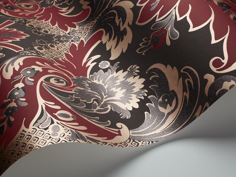 Cole and Son - Tapete Aldwych Wallpaper-Tapeten-Cole & Son-Metallic Gilver & Crimson on Charcoal S94/5029-TOJU Interior