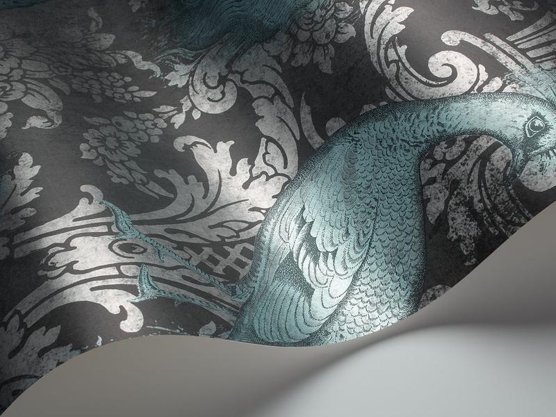 Cole and Son - Tapete Byron Wallpaper-Tapeten-Cole & Son-Metallic Petrol & Metallic Silver on Charcoal S94/7041-TOJU Interior