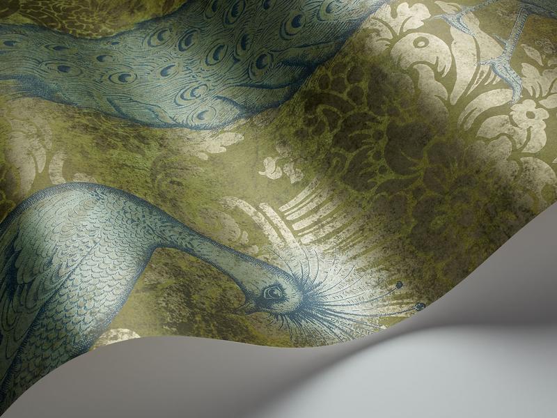 Cole and Son - Tapete Byron Wallpaper-Tapeten-Cole & Son-Metallic Teal & Metallic Gilver on Olive S94/7037-TOJU Interior