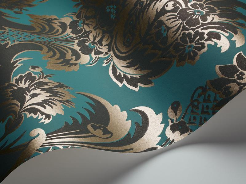 Cole and Son - Tapete Wyndham Wallpaper-Tapeten-Cole & Son-Metallic Gilver & Dark Viridian on Petrol S94/3017-TOJU Interior